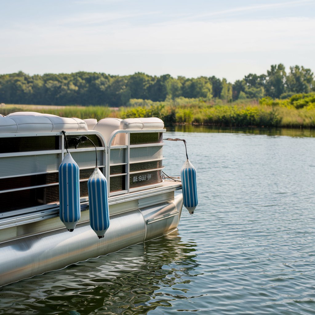 Side view of a pontoon boat with vinyl fenders along its side for protection.