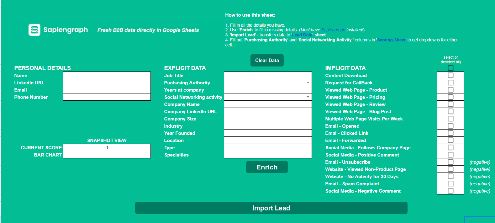 The 'Add Lead' sheet of the Ultimate Lead Scoring Template by Sapiengraph.