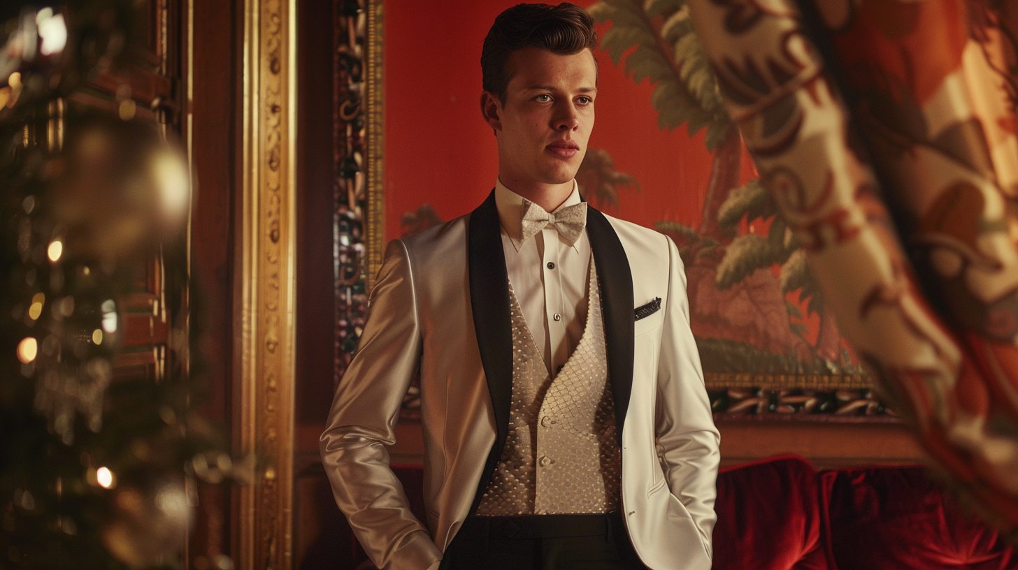 A man wearing a 1950s tuxedo with a shawl collar, light pastel dinner jacket, black trousers, cummerbund, bow tie. Retro hairstyle, vintage party backdrop.