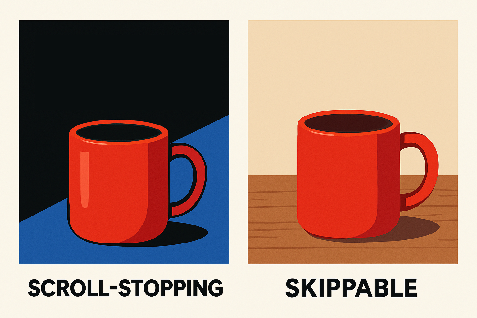 2D illustration comparing a high-contrast scroll-stopping coffee mug with a muted, skippable version on a wooden surface