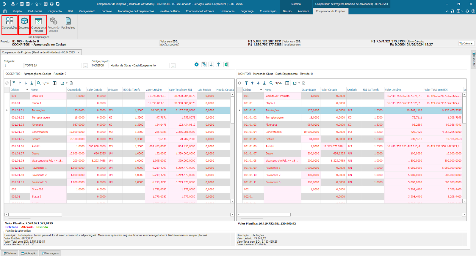 Tela do comparador de projetos, destacando composições, insumos e cronograma previsto, algumas das melhorias do TOTVS Construção.