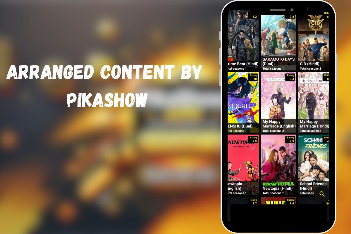 Pikashow app displaying organized content categories on a smartphone screen.