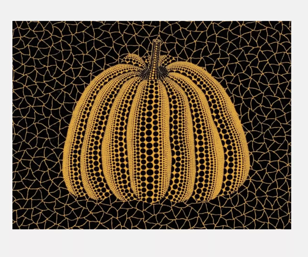 One of the most famous artists inspired by nature, Yayoi Kusama’s Pumpkin (YY), is an orange and black dotted and patterned rendition of a pumpkin.
