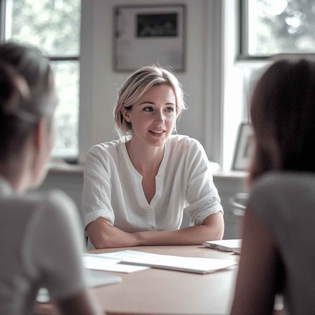 Empathetic team member calming a small workplace conflict around a round table, illustrating the supportive, dependable nature of the “S” personality.