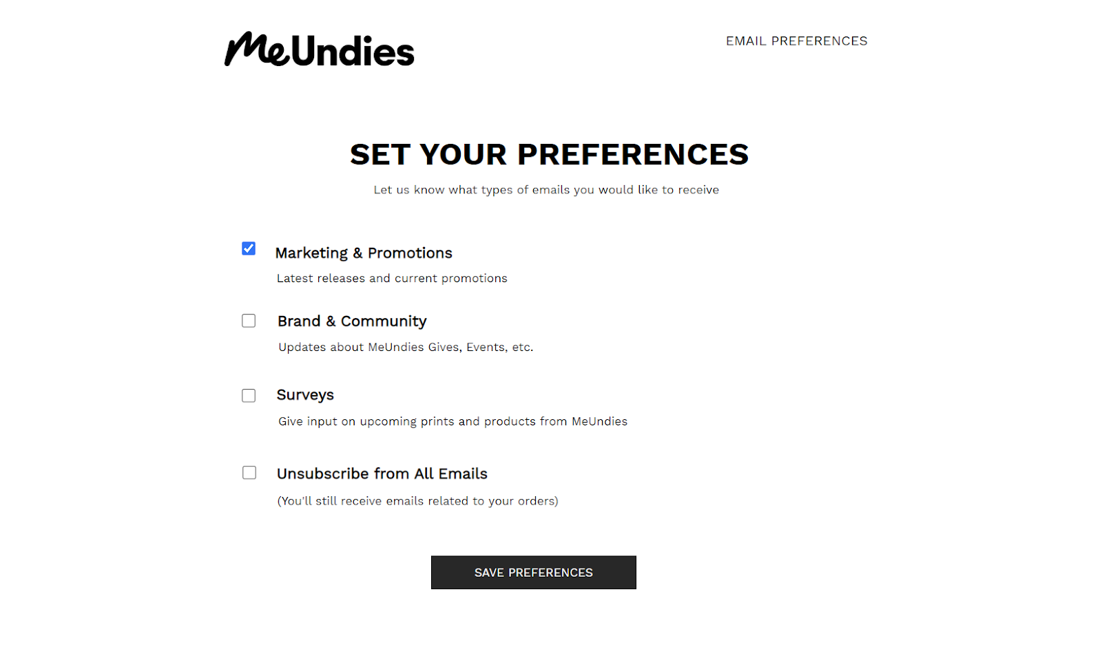 Screenshot of MeUndies preference set up with zero-party data collection | Salsify