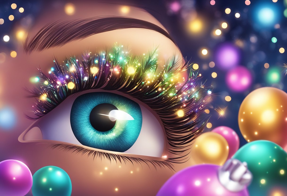 A display of holiday-themed false eyelashes in a festive, colorful setting with twinkling lights and decorative ornaments