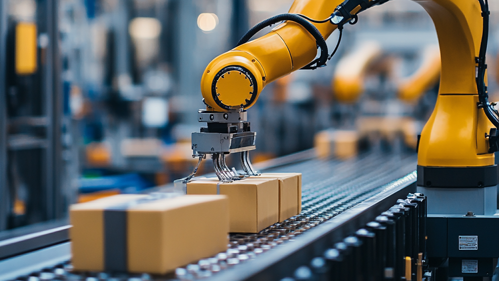 A robotic arm assembling a product down the conveyor belt (AGI vs ASI)