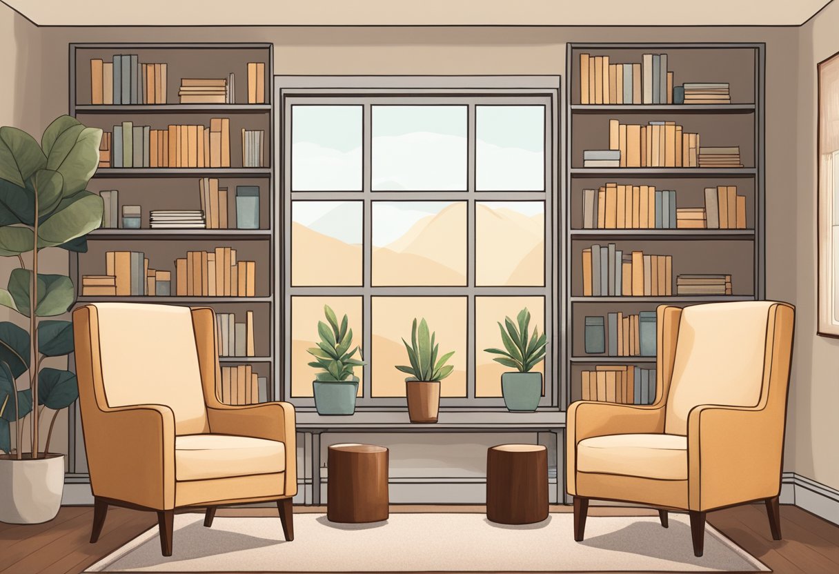 A serene office with two comfortable chairs facing each other, soft natural lighting, and a warm color scheme. A bookshelf filled with counseling resources and a calming piece of artwork on the wall