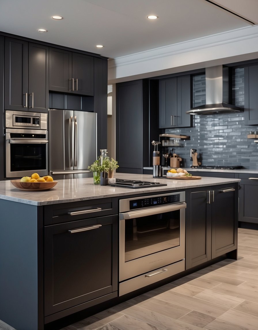 A modern kitchen with 32 dark gray cabinets, sleek countertops, and stainless steel appliances