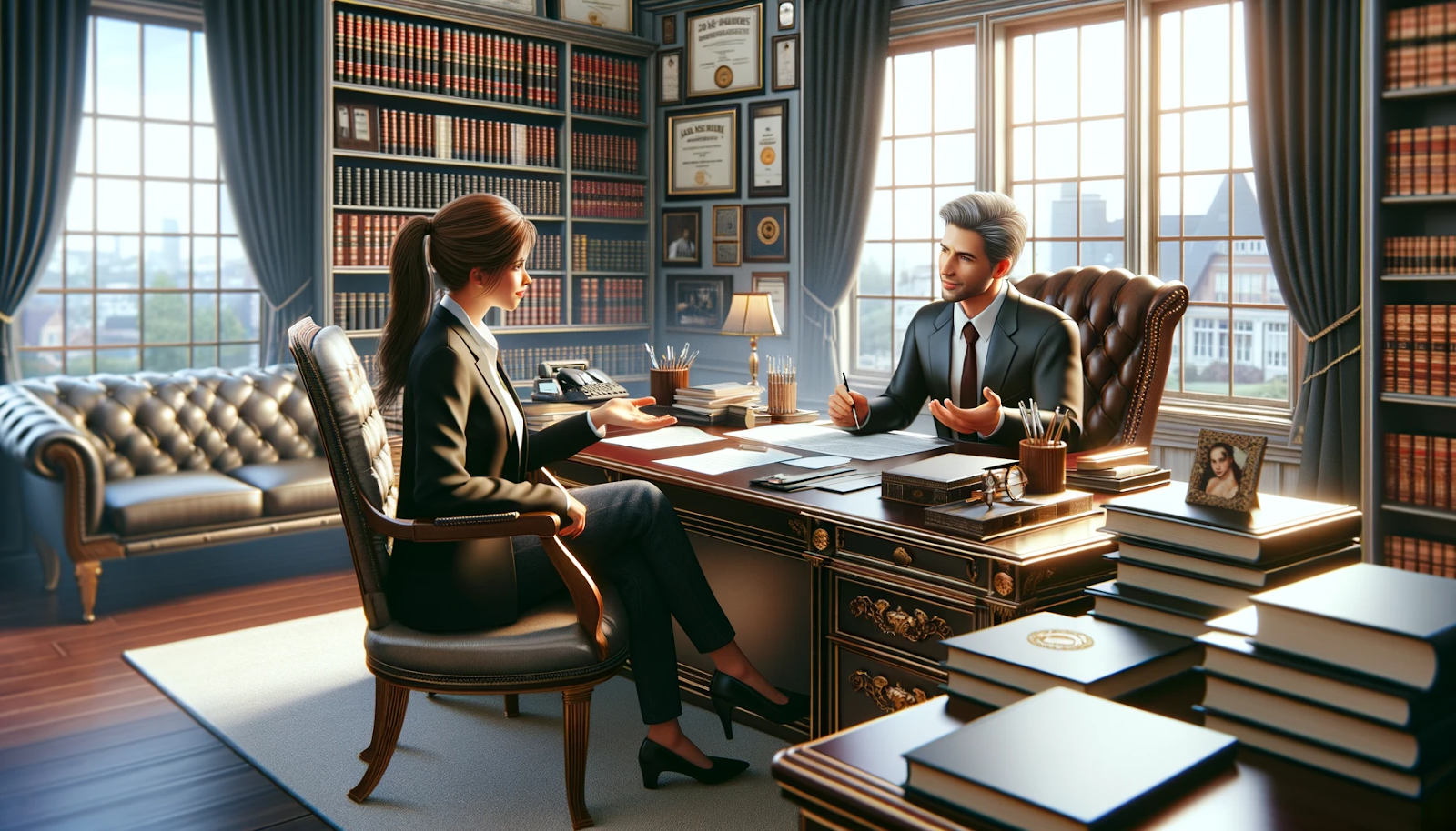 Business meeting in a luxurious office with bookshelves and a wooden desk.