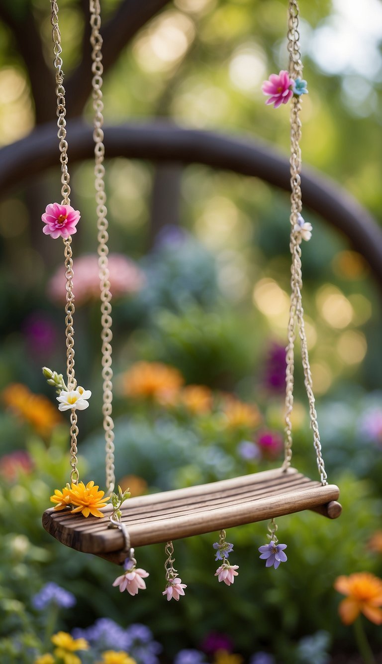 A tiny swing hangs from a delicate branch in a whimsical backyard fairy garden, surrounded by colorful flowers and lush greenery