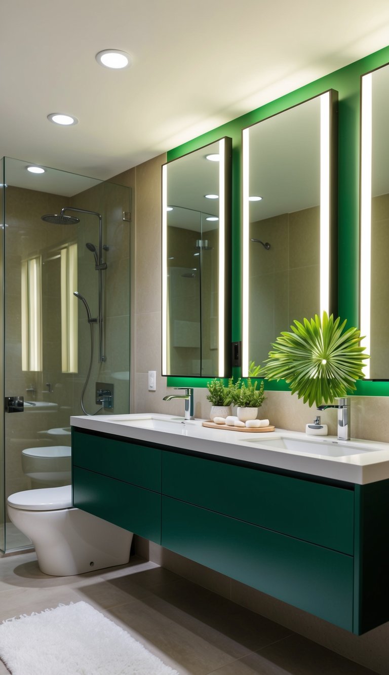 A modern bathroom with energy-efficient LED lighting, featuring green decor and eco-friendly design elements