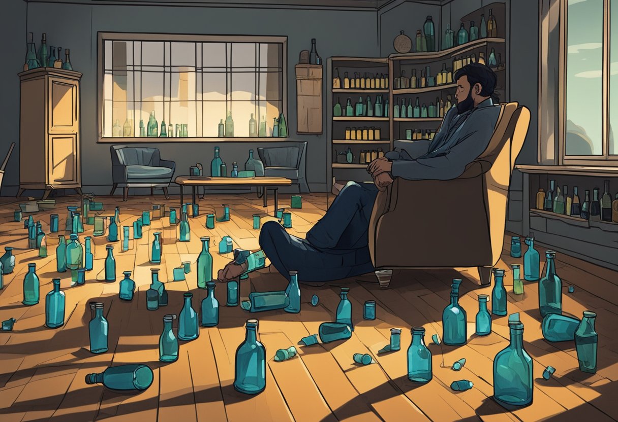 A dimly lit room with empty bottles strewn across the floor and a person slumped in a chair