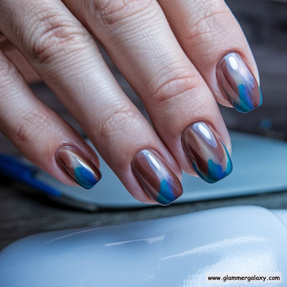 Blue and Brown Nails with Magnetic Cat-Eye Look