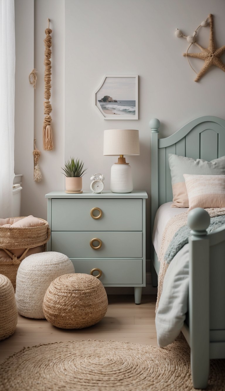 A cozy, seaside-themed kids' bedroom with the elegant Oliver Furniture Seaside Bed 23 as the centerpiece. The room exudes luxury and comfort with soft, pastel colors and nautical decor