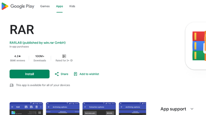 Screenshot showing RAR for Android in Google Play Store
