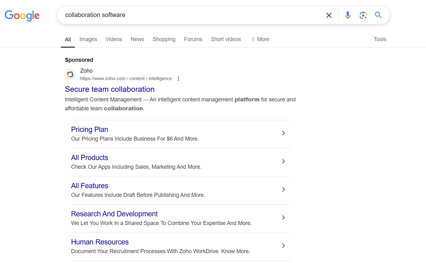 Screenshot of Google search results for "collaboration software" with Zoho at the top