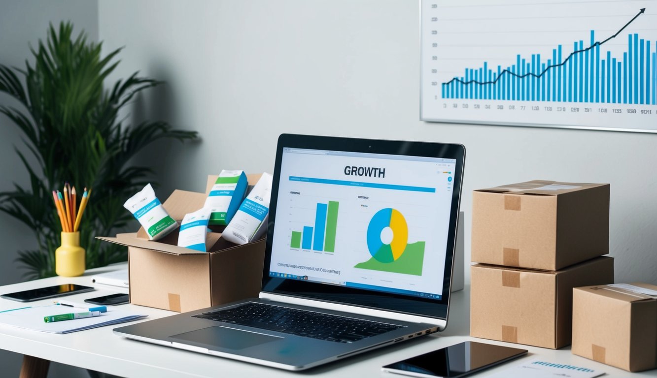 A busy computer desk with a laptop, shipping boxes, and product samples. A graph on the wall shows growth