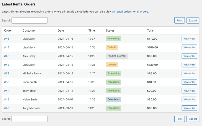 List of the Latest rental orders of the Rental Products for WooCommerce extension.