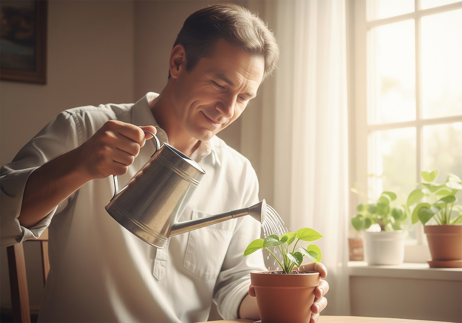 Uma pessoa regando uma planta em um vaso pequeno com um regador delicado, com luz solar suave iluminando o ambiente.