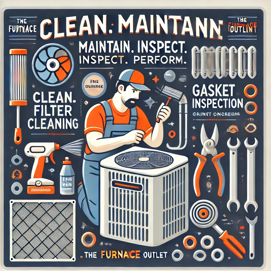 HVAC maintenance banner showing a person cleaning an AC filter and spraying outdoor coils; icons of a checklist and screwdriver. Text: “Clean. Maintain. Inspect. Save. Perform.” with The Furnace Outlet branding in navy, orange, and gray.