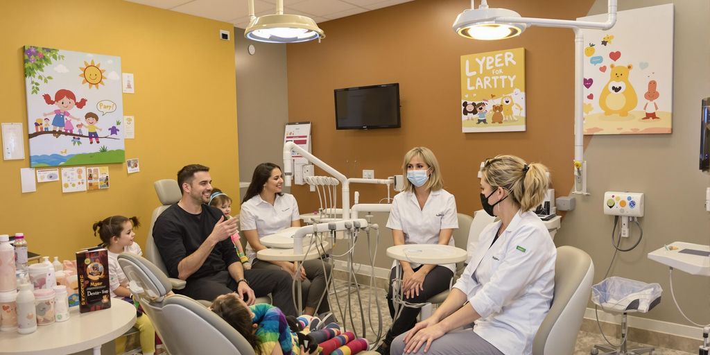 Family-friendly dental office with cheerful decor and patients.