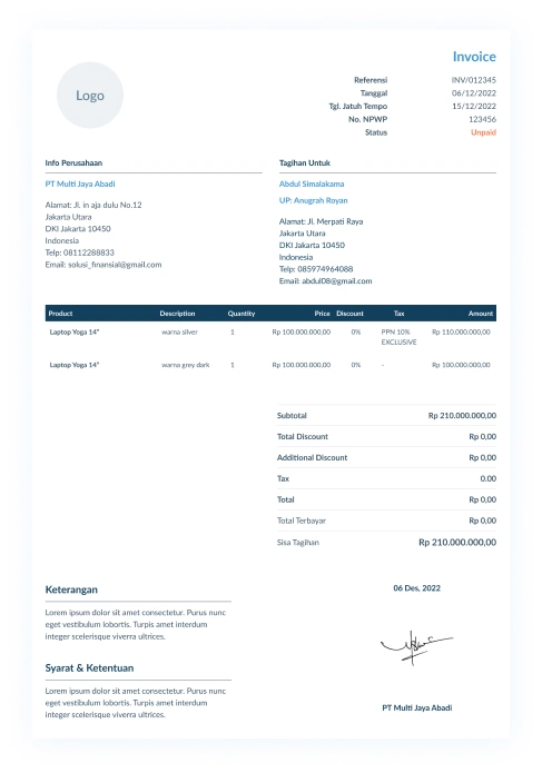 Contoh invoice dengan perhitungan pajak