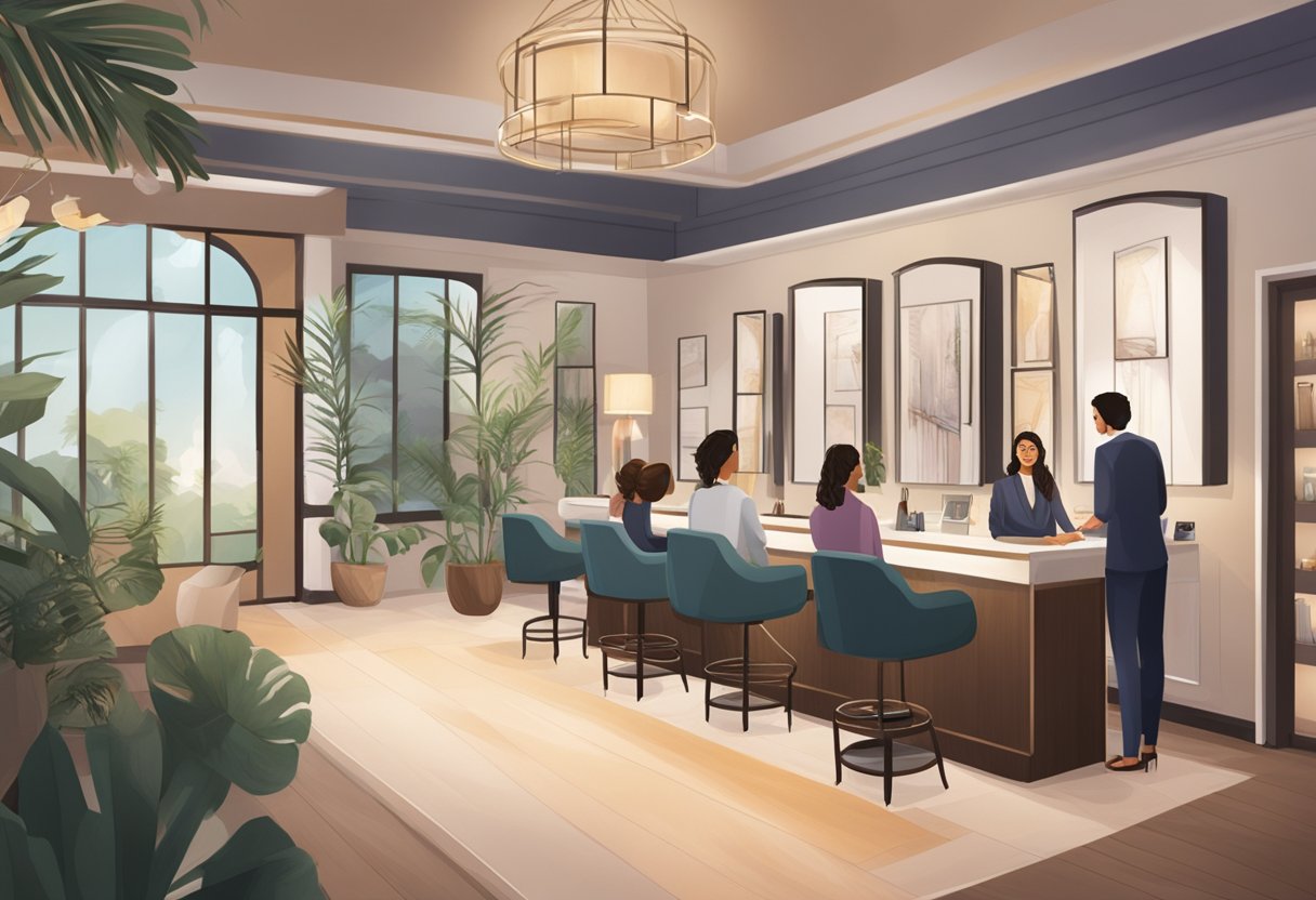 A cozy salon setting with a selection of lash service packages on display, a friendly receptionist assisting a customer, and a serene atmosphere