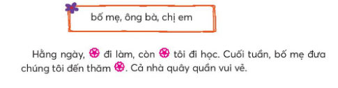 BÀI 4: CON LỢN ĐẤTKHỞI ĐỘNGCâu hỏi: Chia sẻ với bạn bè cách em đã làm để tiết kiệm theo gợi ýGiải nhanh:Để tiết kiệm điện, em bật điện khi cần thiết và tắt điện khi ra khỏi phòng.Để tiết kiệm nước, em khóa vòi ngay sau khi sử dụng xong, khi dùng thì vặn nước đủ dùngPHẦN KHÁM PHÁ VÀ LUYỆN TẬPCâu 1: Đọc: Con lợn đất – Theo Văn miêu tả tuyển chọn1. Chọn chiếc lá có từ ngữ chỉ đặc điểm phù hợp với từng bộ phận của con lợn đất.2. Mẹ mua con lợn đất cho bạn nhỏ để làm gì? 3. Bạn nhỏ mong muốn điều gì khi mua lợn đất?4. Em có thích nuôi lợn đất không? Vì sao?Giải nhanh: 2. Bạn nhỏ nuôi.3. Mua được những cuốn sách yêu thích.4. Em có thích nuôi lợn đất vì nó trông rất đáng yêu và em có thể tiết kiệm tiền.Câu 2: Viếta) Nhìn-viết: Mẹ (6 dòng thơ cuối)b) Tìm từ ngữ chứa tiếng bắt đầu bằng chữ c hoặc k:Trong bài chính tảNgoài bài chính tảc) Chọn chữ hoặc vần thích hợp với mỗi ô trống:Giải nhanh: a) Nhìn-viếtb) con, cũng, cà, có, của, kẽo.cua, kéo, kim, cộng, kìm, cánh.c) quả lựu, trĩu cành, ríu rítchỉ dẫn, vẫy tay, dỗ dànhCâu 3: Tìm từ ngữ chỉ người trong gia đình (theo mẫu)M: ông bà, anh em,...Giải nhanh: ông bà, anh em, chị em, cô chú, chú thím, cậu mợ, anh chị.Câu 4: Thực hiện các yêu cầu dưới đâya) Chọn từ ngữ trong khung phù hợp với mỗi ô trốngb) Ngắt đoạn văn sau thành 3 câu rồi viết lại cho đúng chính tả:Ông tôi năm nay đã ngoài sáu mươi tuổi ông thường kể cho chúng tôi nghe những câu chuyện rất thú vị chúng tôi rất yêu quý ông. Giải nhanh: a) bố mẹ, chị em, ông bàb) Ông của em năm nay đã ngoài sáu mươi tuổi. Ông thường kể cho chúng em nghe những câu chuyện rất thú vị. Em rất yêu quý ông. Câu 5: Kể chuyệna) Nghe kể chuyệnb) Kể từng đoạn của câu chuyện theo tranh và câu hỏi gợi ý dưới tranh.c) Kể lại toàn bộ câu chuyệnTrả lời:a) Học sinh tự ngheb&c) Ngày xưa có một cô bé sống cùng mẹ trong một túp lều tranh dột nát nhưng đó là một bé gái vô cùng hiếu thảo. Thật không may mẹ của cô bé lại bị bệnh rất nặng nhưng vì nhà nghèo nên ko có tiền mua thuốc chữa, và cô bé vô cùng buồn bã.Một lần đang ngồi khóc bên đường bỗng có một ông lão đi qua thấy lạ bèn đừng lại hỏi khi biết sự tình ông già nói với cô bé :– Cháu hãy vào rừng và đến bên gốc cây cổ thụ to nhất trong rừng hái lây một bông hoa duy nhất trên đó. Bông hoa ấy có bao nhiêu cánh thì tức là mẹ cháu sống được bằng đấy ngày.Cô bé liền vào rừng và rất lâu sau mới tìm thấy bông hoa trắng đó. Phải khó khăn lắm cô mới trèo lên được để lấy bông hoa, nhưng khi đếm chỉ có một cánh hai cánh ba cánh bốn cánh. Chỉ có bốn cánh hoa là sao chứ? Chẳng nhẽ mẹ cô chỉ sống được bàng đấy ngày thôi sao? Không đành lòng cô liền dùng tay xé nhẹ dần từng cánh hoa lớn thành những cánh hoa nhỏ và bông hoa cũng theo đó mà nhiều cánh dần lên nhiều đến mức không còn đếm được nữa. Từ đó người đời gọi bông hoa ấy là bông hoa cúc trắng để nói về lòng hiếu thảo của cô bé đó dành cho mẹ mình.Câu 6: Luyện tập đặt tên cho bức tranh.a) Nói về bức tranh hoặc ảnh chụp gia đình em theo gợi ý:Bức ảnh được chụp ở đâu?Trong bức ảnh có những ai?Nét mặt của mọi người như thế nào?Em muốn đặt tên bức tranh hay bức ảnh là gì? Vì sao?b) Viết tên bức tranh hay bức ảnh mà em vừa đặt.Trả lời:a) Bức ảnh được chụp ở nhà em.Trong bức ảnh có bố, mẹ, chị gái và em.Nét mặt của mọi người đều vui tươi.Em muốn đặt tên bức tranh hay bức ảnh là: Gia đình yêu thương của em.VẬN DỤNG