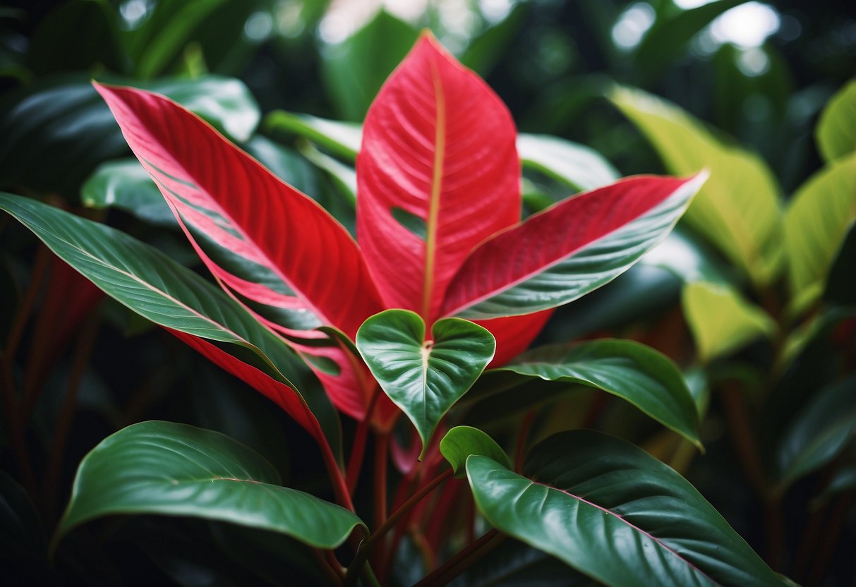 Lush green leaves of Philodendron Pastazanum contrast with the vibrant red and pink foliage of McDowell, creating a striking visual juxtaposition