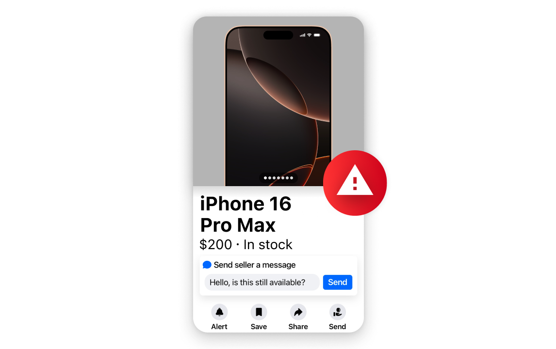 Screenshot of example listing you might see on Facebook Marketplace of a new iPhone 16 Pro Max listed for $200, which is a sign of a scam