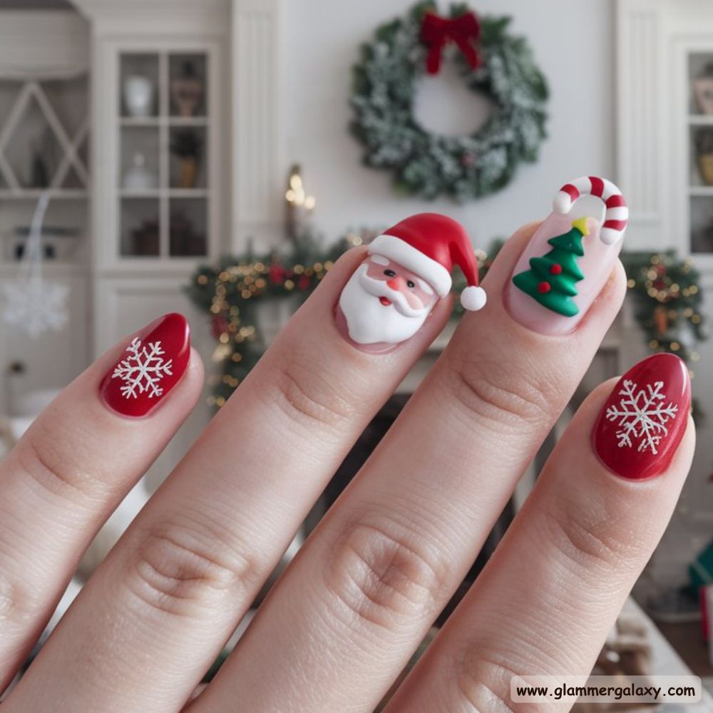 Short Christmas Nails having 3D Christmas Nail Art