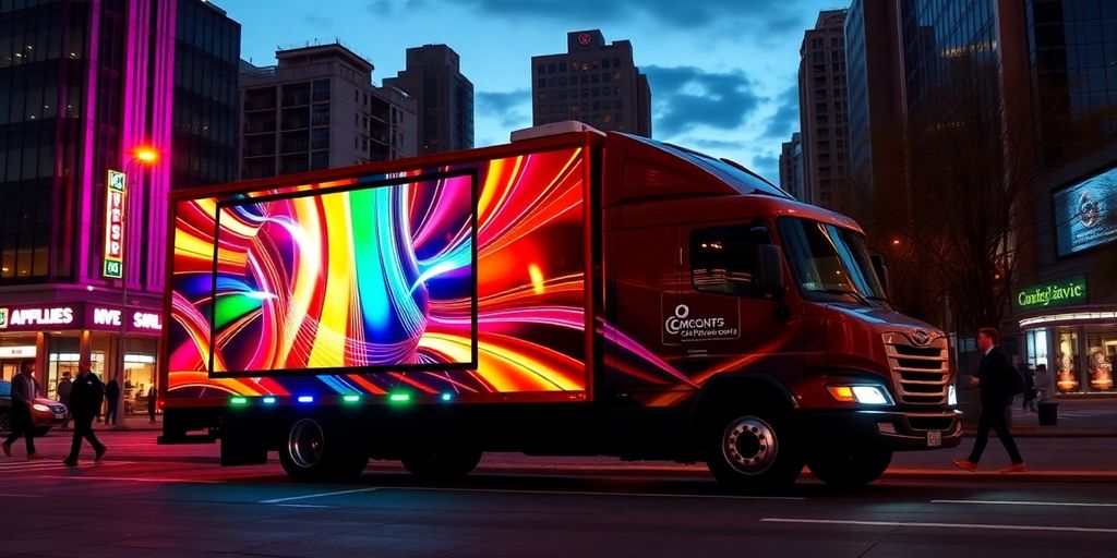 Mobile LED truck in a city at dusk.