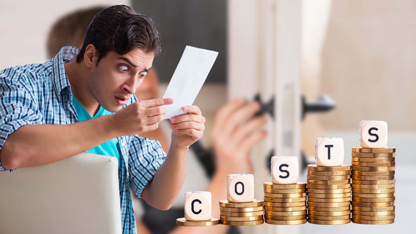 A man with a surprised expression reacting to the expensive cost of locksmith services