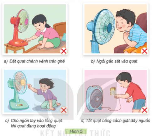 BÀI 3: SỬ DỤNG QUẠT ĐIỆN1. TÁC DỤNG CỦA QUẠT ĐIỆNCâu 1: Em hãy quan sát Hình 1 và cho biết bạn nhỏ đang sử dụng quạt điện để làm gì?Giải nhanh: Bạn nhỏ đang sử dụng quạt điện để làm mát, hạ nhiệt.Câu 2: Em hãy sắp xếp các thẻ tên dưới đây tương ứng với mỗi loại quạt có trong Hình 2?Giải nhanh:Hình a: Quạt trầnHình b: Quạt bànHình c: Quạt treo tườngHình d: Quạt hộp2. MỘT SỐ BỘ PHẬN CHÍNH CỦA QUẠT ĐIỆNCâu 1: Em hãy quan sát Hình 3 và gọi tên các bộ phận tương ứng của quạt điện theo các thẻ tên dưới đây:Giải nhanh: Các bộ phận của quạt điện: Lồng quạtCánh quạtCác nút điều khiển Đế quạtTuốc năng (Bộ phận điều khiển)Hộp động cơ quạtThân quạtDây nguồnCâu 2: Những mô tả về tác dụng sau đây tương ứng với bộ phận nào của quạt điện?Giải nhanh:Tác dụng từng bộ phận của quạt điện:Bật, tắt và điều chỉnh tốc độ quay của quạt: các nút điều khiển.Bảo vệ cánh quạt và an toàn cho người sử dụng: lồng quạt.Chứa động cơ quạt: hộp động cơ quạt.Tạo ra gió: cánh quạt.Nối quạt với nguồn điện: dây nguồn.Giữ cho quạt đứng vững: đế quạt.Thay đổi hướng gió: tuốc năng.Đỡ động cơ và cánh quạt, điều chỉnh độ cao của quạt: thân quạt.Câu 3: Em cùng bạn quan sát và gọi tên những bộ phận chính của một chiếc quạt điện.Giải nhanh:3. SỬ DỤNG QUẠT ĐIỆN ĐÚNG CÁCH VÀ AN TOÀN