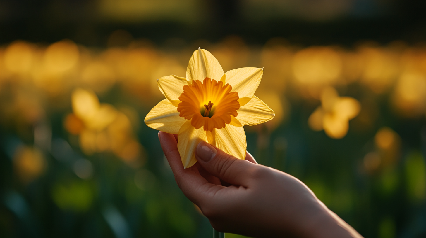 Mão segurando uma flor narciso recém-colhida com um fundo de jardim desfocado.