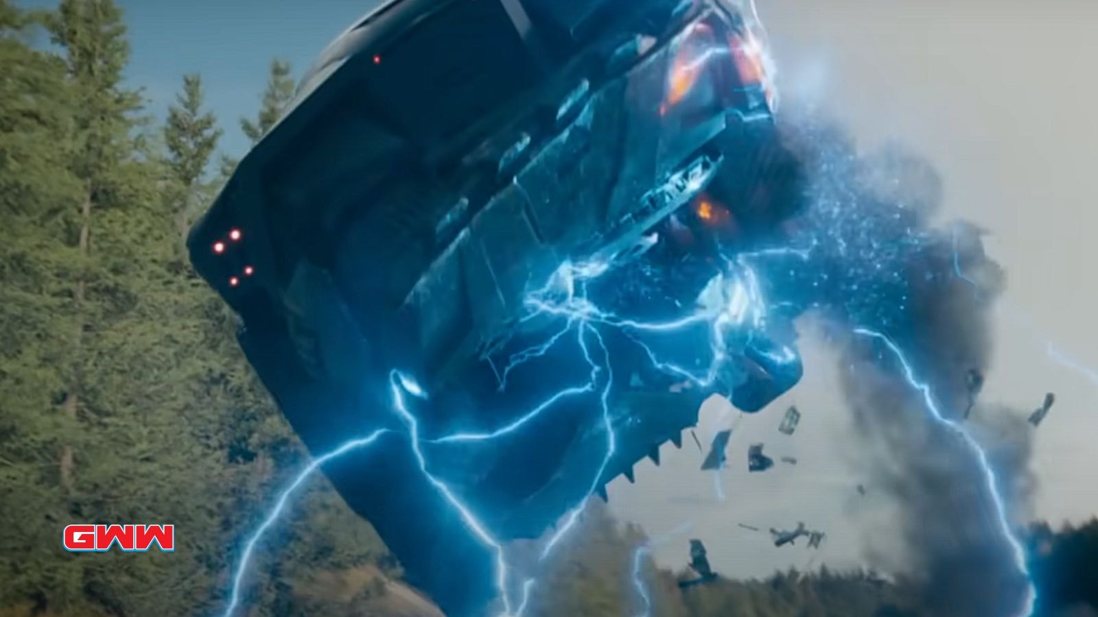 A large vehicle being destroyed by blue electrical energy in the forest.