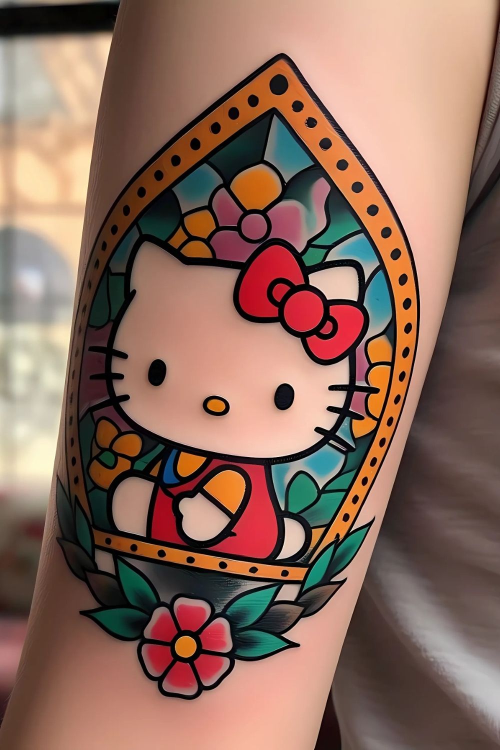 Hello Kitty in a Stained Glass Window Tattoo