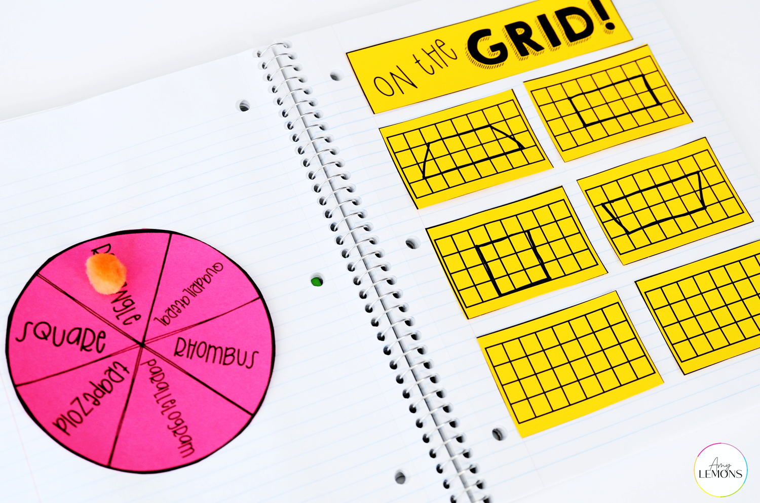 Quadrilateral interactive notebook with flap books and shape spinner.