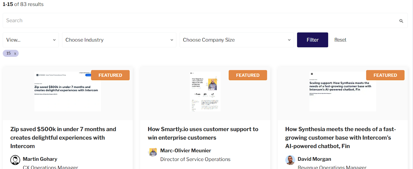 Industry and Company size filters on Featured Customers Case Studies page 