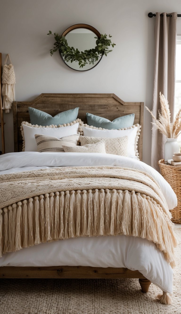 A cozy bedroom with a tassel fringe comforter on a rustic farmhouse bed, surrounded by 22 different bedding ideas