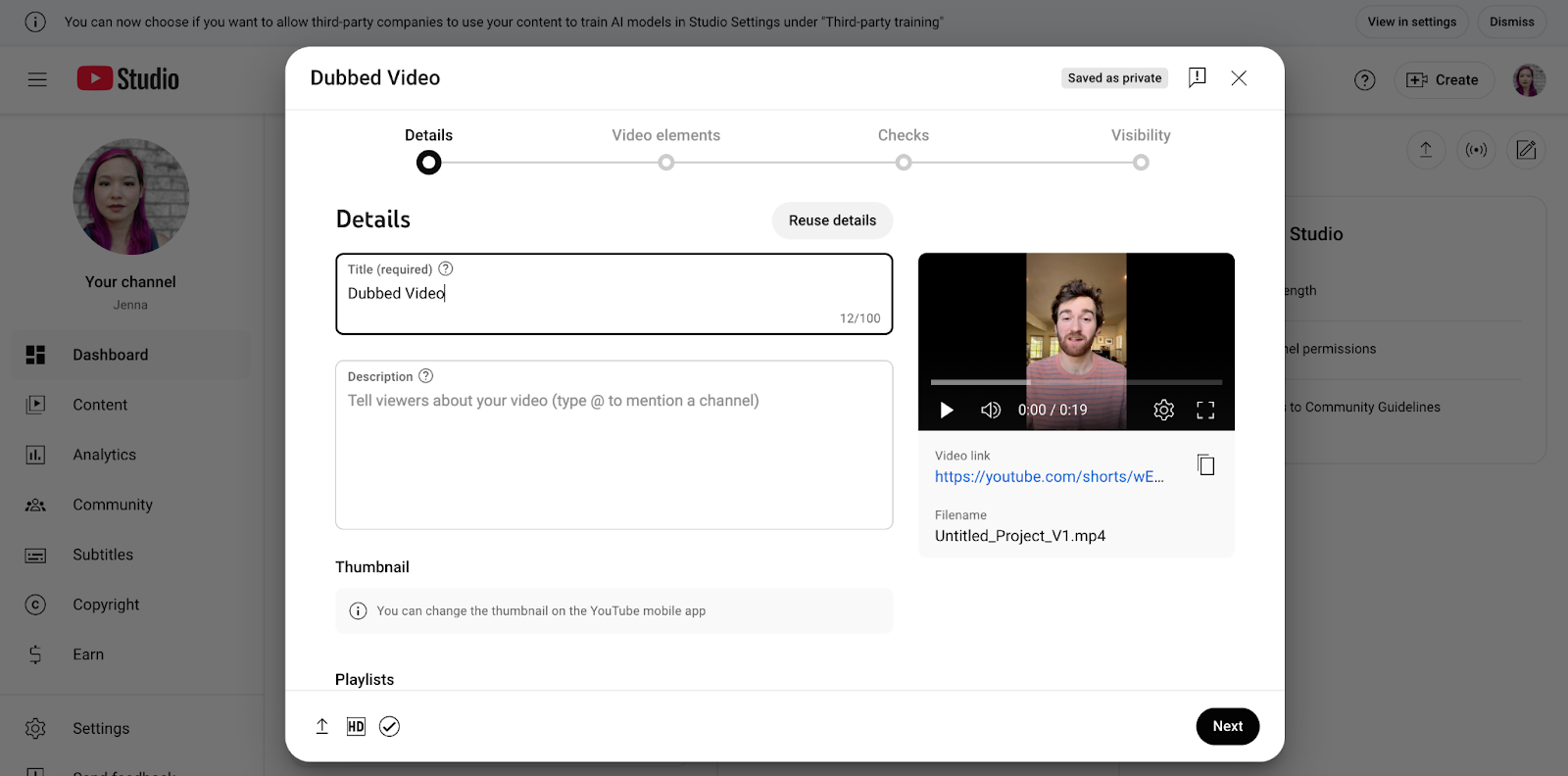 YouTube's "Video Upload" modal, over YouTube Studio.