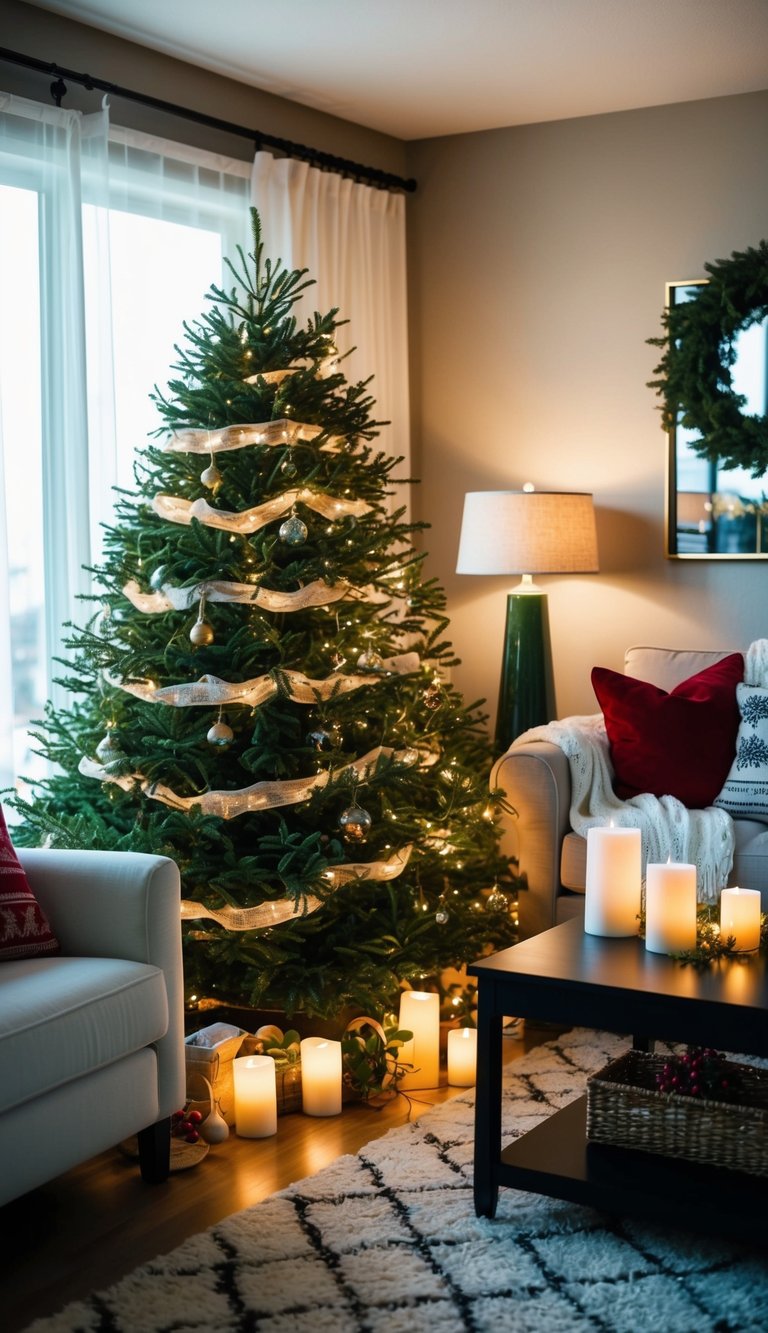 A cozy living room adorned with evergreen scented candles, twinkling lights, and festive decor