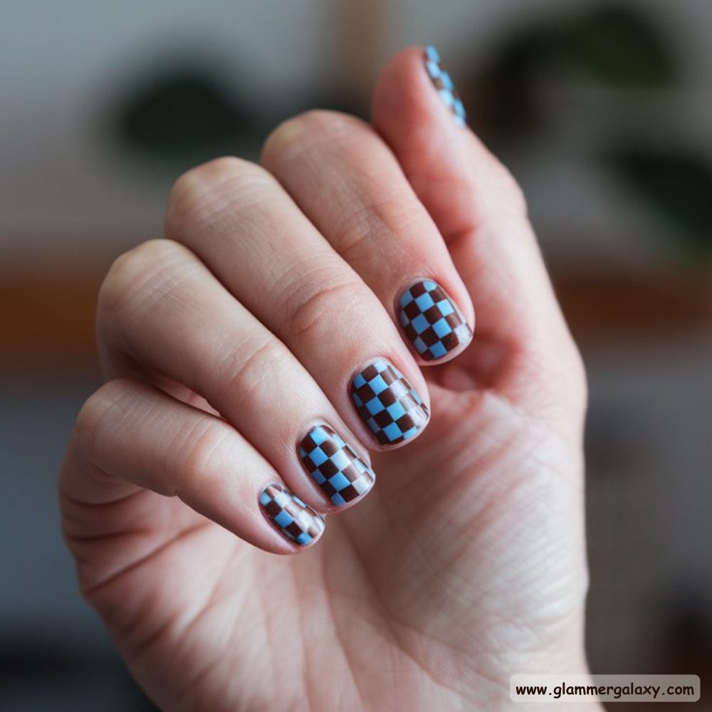 Blue and Brown Nails with Classic Checkerboard Accent