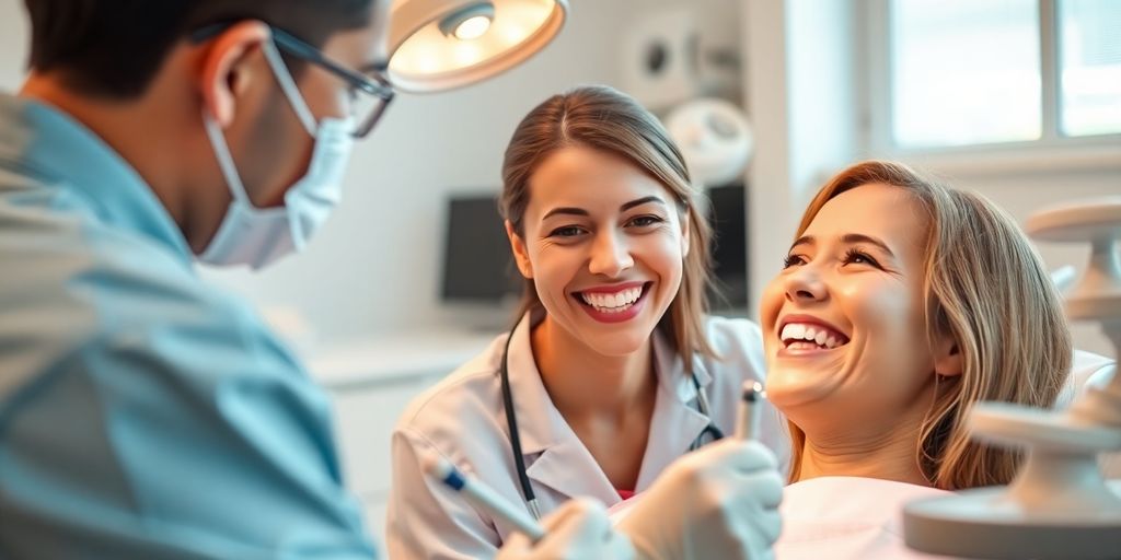 Smiling patient with dentist in a bright office.