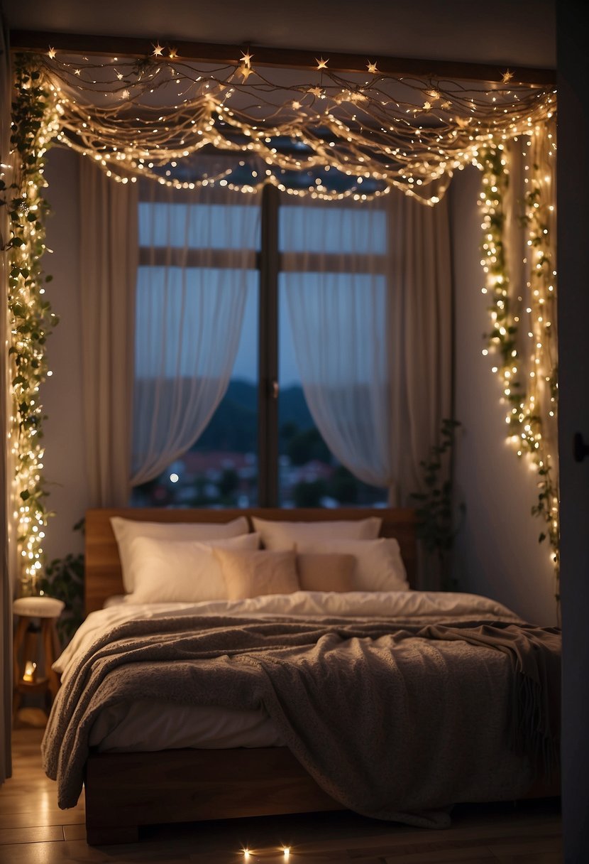 A cozy bedroom with a fairy light canopy draped over the bed, creating a warm and magical atmosphere