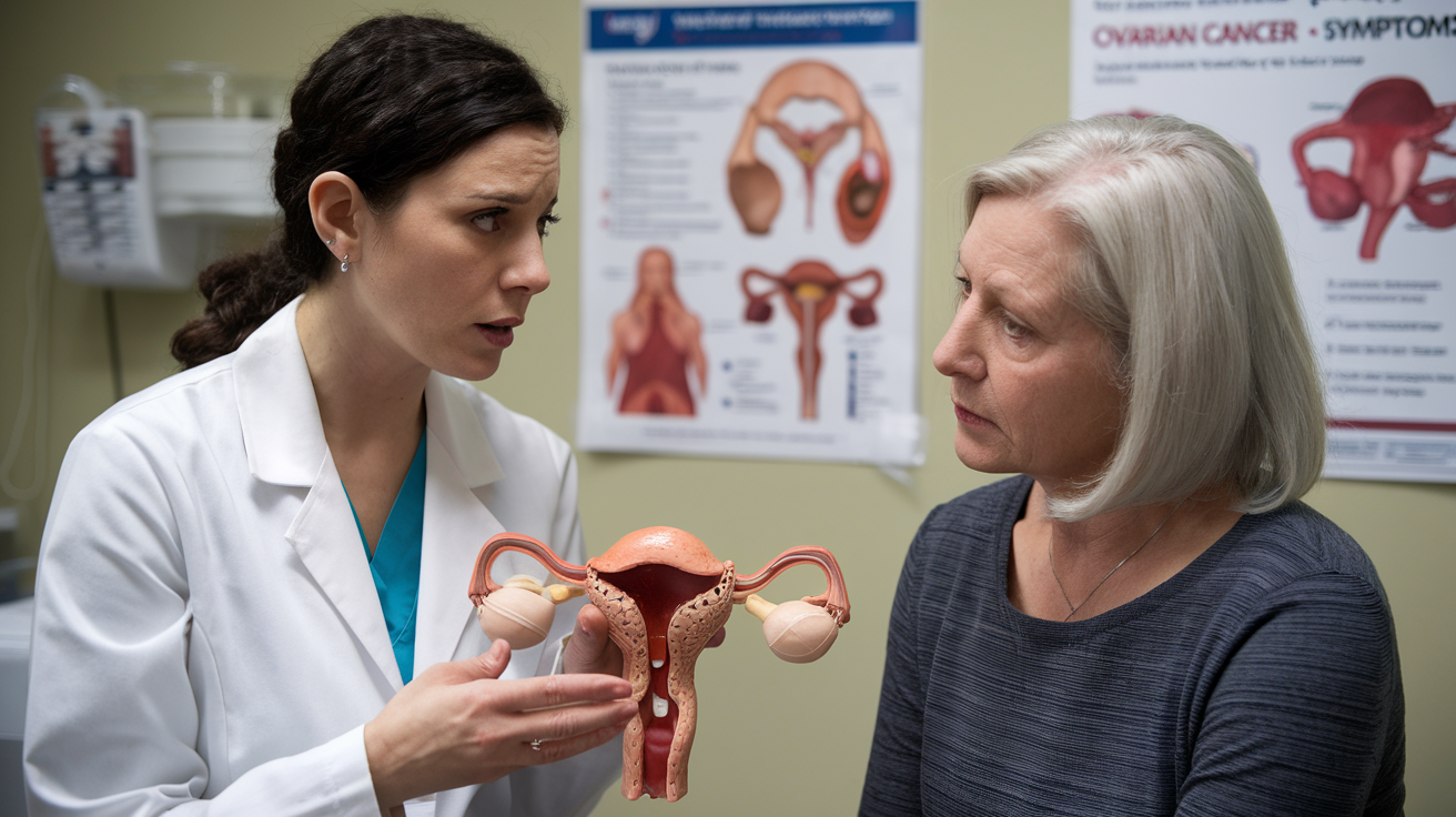 Create a realistic image of a concerned-looking white female doctor in a white coat explaining to a middle-aged white female patient, using a 3D anatomical model of the female reproductive system, highlighting the ovaries. The doctor points to the ovaries while the patient looks confused. Medical posters about ovarian cancer symptoms are visible in the background of an examination room.