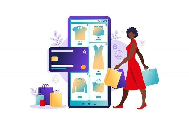 African women shopping online on mobile phone. Online store payment. Bank credit cards, secure online payments and financial bill. Smartphone wallets, digital pay technology. Flat vector illustration., Picture