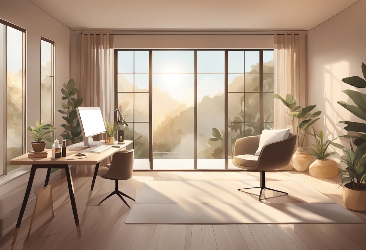 A serene studio with earthy tones, showcasing natural lash products and tools. Sunlight filters through the windows, illuminating the minimalist decor