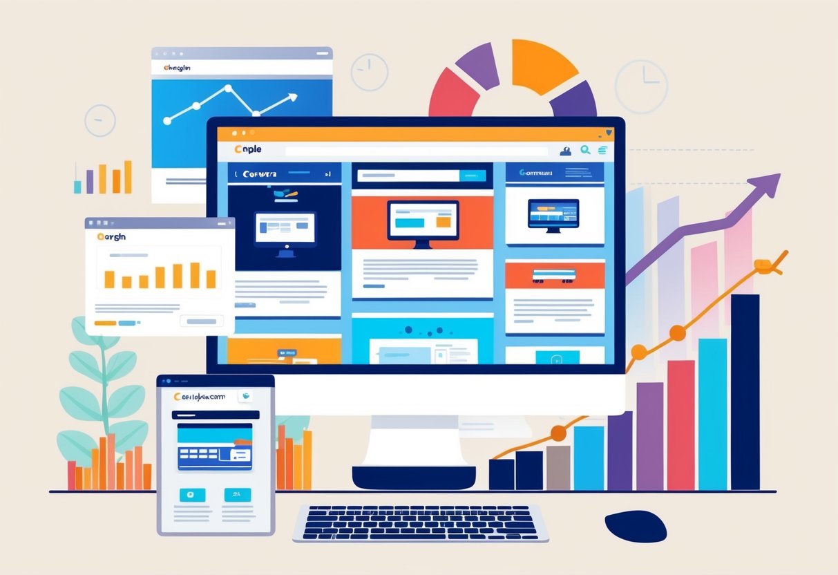 A computer screen displaying various e-commerce websites with PPC ads, surrounded by charts and graphs showing growth trends